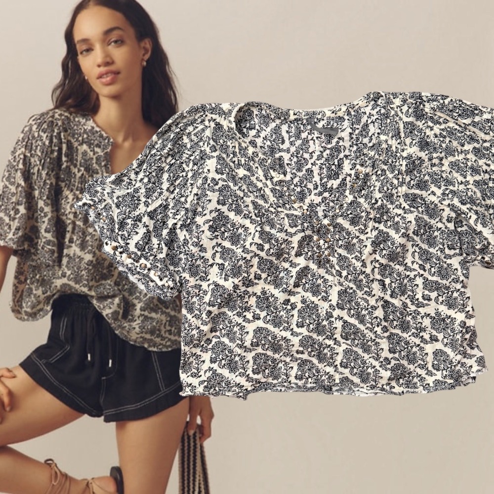 Anthropologie Blouse Floral Flutter Sleeve Cream Black Small